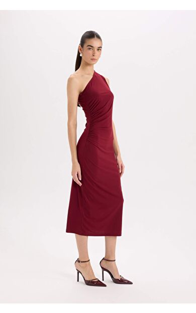 Bodycon Vücudu Saran Basic Düz Tek Omuzlu Bordo Midi Elbise