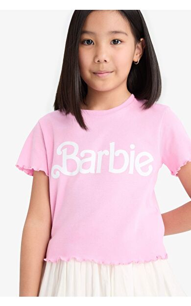 DeFacto Kız Çocuk Barbie Fitted Bisiklet Yaka Ribana Kısa Kollu Tişört
