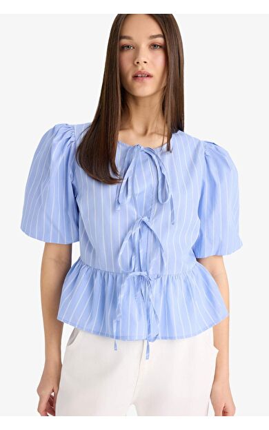 Regular Fit Bisiklet Yaka Baskılı Poplin Kısa Kollu Bluz