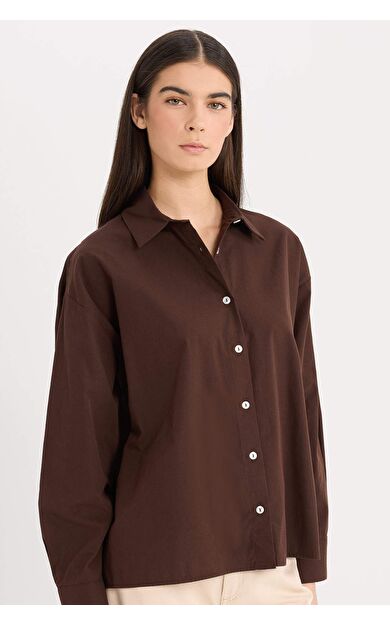 Oversize Fit Geniş Kalıp Gömlek Yaka Poplin Uzun Kollu Gömlek E2677AX24WNBN116