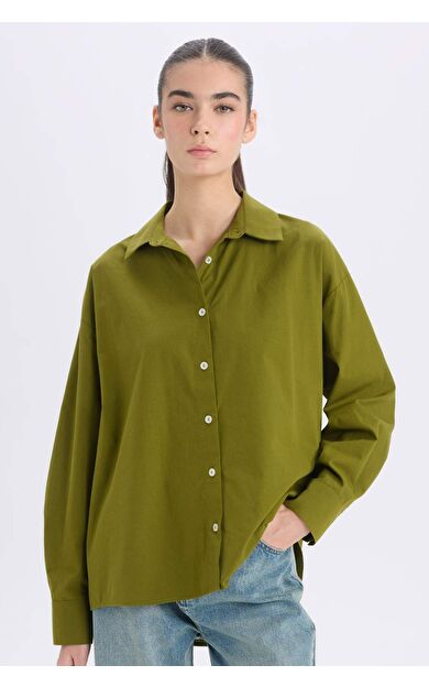 DeFacto Oversize Fit Geniş Kalıp Gömlek Yaka Poplin Uzun Kollu Gömlek E2677AX24WNKH451