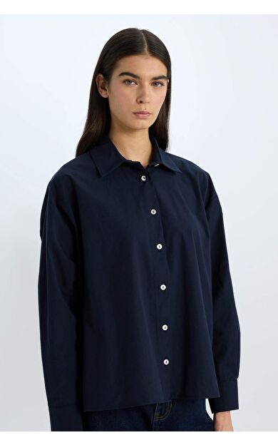 Oversize Fit Geniş Kalıp Gömlek Yaka Poplin Basic Düz Uzun Kollu Gömlek