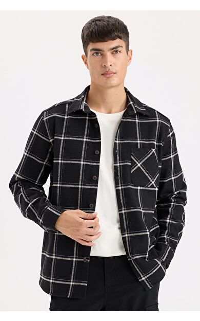 DeFacto Regular Fit Polo Yaka Kareli Flanel Uzun Kollu Gömlek E2763AX24WNBK81