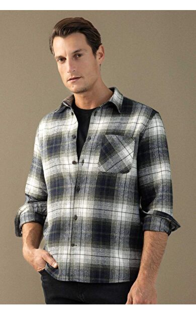 DeFacto Regular Fit Polo Yaka Kareli Flanel Uzun Kollu Gömlek E2763AX24WNNV64
