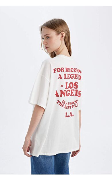 DeFacto Okula Dönüş Oversize Fit Geniş Kalıp Bisiklet Yaka Sırt Baskılı Kısa Kollu Tişört