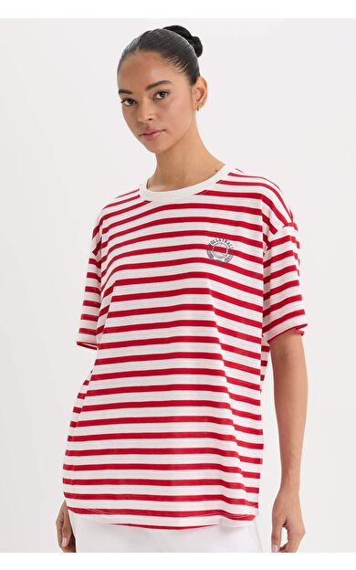 DeFactoFit Oversize Geniş Kalıp Bisiklet Yaka Slogan Baskılı Sporcu Kısa Kollu Tişört E2782AX25SMWT32