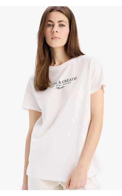 DeFacto Regular Fit Bisiklet Yaka Slogan Baskılı Penye Kısa Kollu Tişört E2790AX25SPWT32