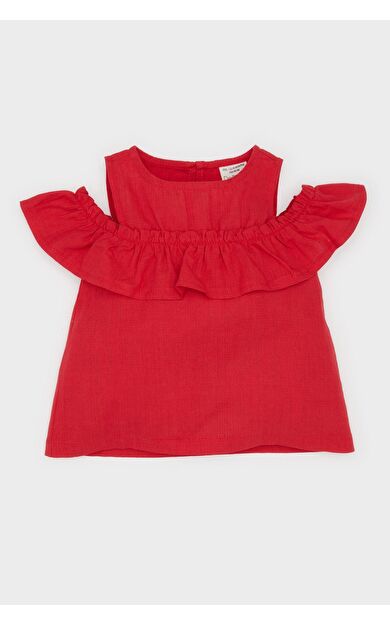 DeFacto Kız Bebek Bisiklet Yaka Flamlı Poplin Kısa Kollu Bluz