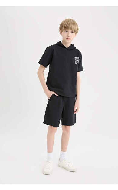 DeFacto Erkek Çocuk 2'li Takım Kapüşonlu Baskılı Kısa Kollu Tişört Beli Lastikli Şort