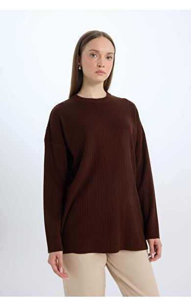 DeFacto Relax Fit Bisiklet Yaka Basic Düz Triko Tunik Kazak