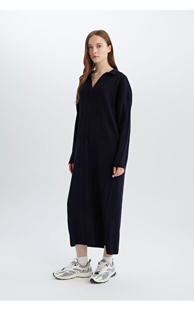 DeFacto Relax Fit Basic Düz Polo Yaka Maxi Elbise