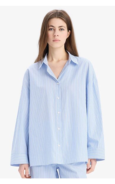 DeFacto Fall in Love Çizgili Pijama Yaka Poplin Pijama Üstü