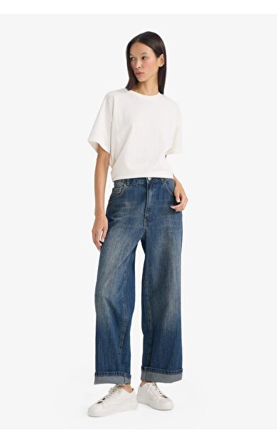 DeFacto Baggy Fit Yüksek Bel Katlamalı Paça Uzun Jean Yıkamalı Pantolon