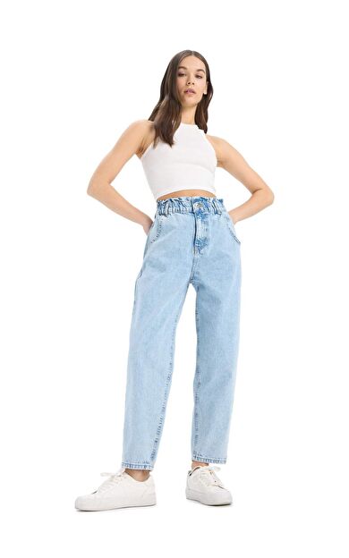 DeFacto Paperbag Beli Lastikli Bilek Boy Jean Yıkamalı Pantolon