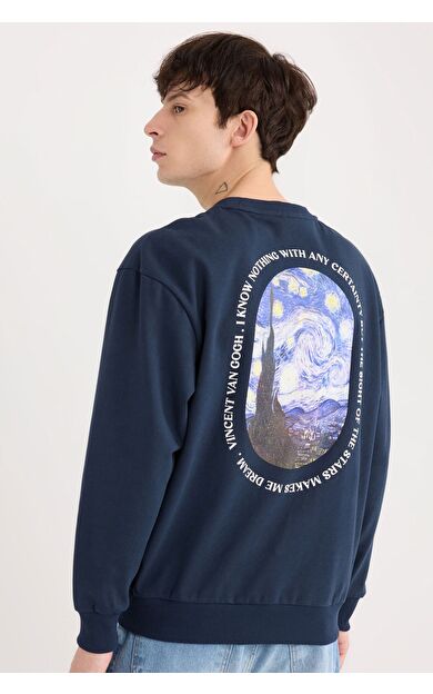 DeFacto Van Gogh Boxy Fit Bisiklet Yaka Sırt Baskılı Sweatshirt