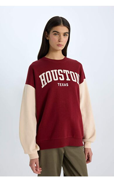 DeFacto Oversize Geniş Kalıp Bisiklet Yaka Baskılı Kalın Sweatshirt E3228AX24WNBR169