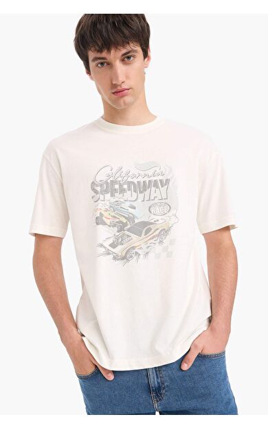 DeFacto %100 Pamuk Hot Wheels Boxy Fit Bisiklet Yaka Baskılı Kısa Kollu Tişört
