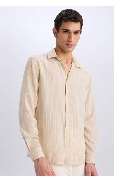 DeFacto Regular Fit Polo Yaka Keten Görünümlü Uzun Kollu Gömlek E3308AX25SMBG106