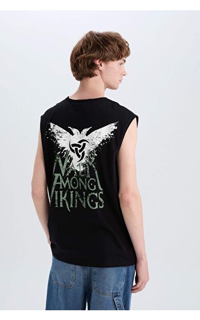DeFacto %100 Pamuk Vikings Valhalla Boxy Fit Sırt Baskılı Bisiklet Yaka Atlet