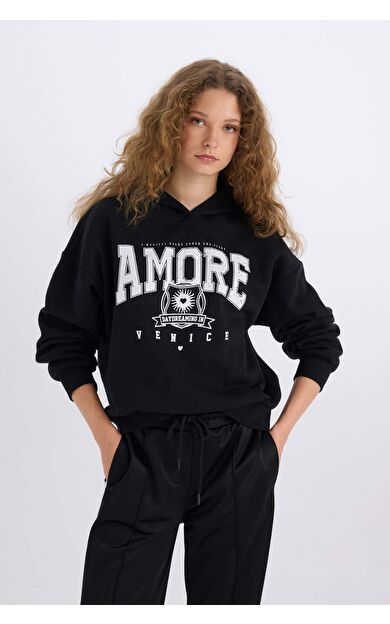 DeFacto Loose Fit Kapüşonlu Baskılı Kalın Kumaş Sweatshirt E3330AXNSBK81