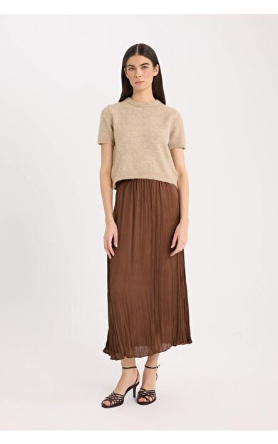 A Kesim Yüksek Bel Saten Midi Etek