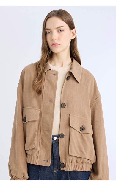 DeFacto Su Geçirmez Regular Fit Polo Yaka Pamuk Astarlı Keten Karışımlı Mont