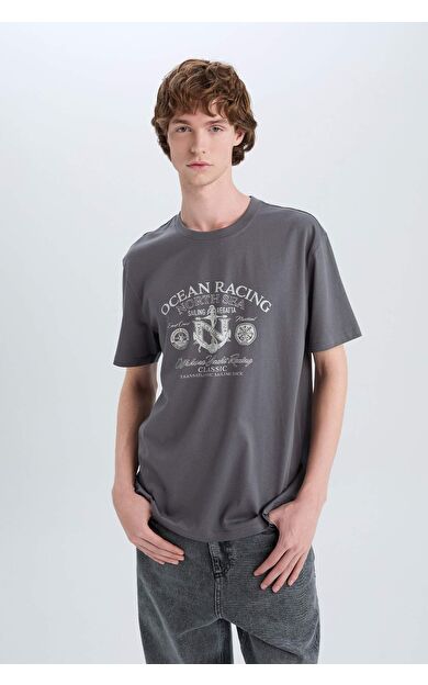 DeFacto %100 Pamuk Regular Fit Bisiklet Yaka Baskılı Kısa Kollu Tişört E3430AX25HSGR449