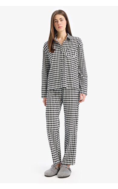 DeFacto Fall in Love  Pijama Takımı Kareli Uzun Kollu Pijama Üstü Esnek Belli Uzun Pijama Altı