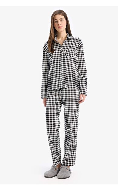 DeFacto Fall in Love  Pijama Takımı Kareli Uzun Kollu Pijama Üstü Esnek Belli Uzun Pijama Altı