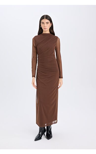 DeFacto Bodycon Vücudu Saran Yarım Balıkçı Yaka Tül Uzun Kollu Maxi Elbise