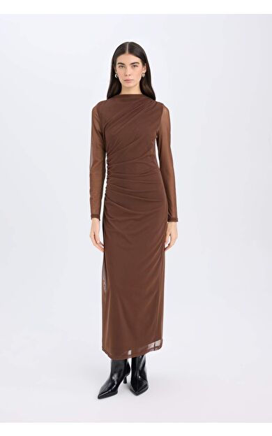 Bodycon Vücudu Saran Yarım Balıkçı Yaka Tül Uzun Kollu Maxi Elbise