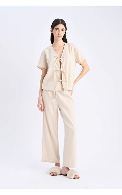 Fall in Love Pijama Takımı Keten  Kısa Kollu Pijama Üstü Esnek Belli Pijama Altı