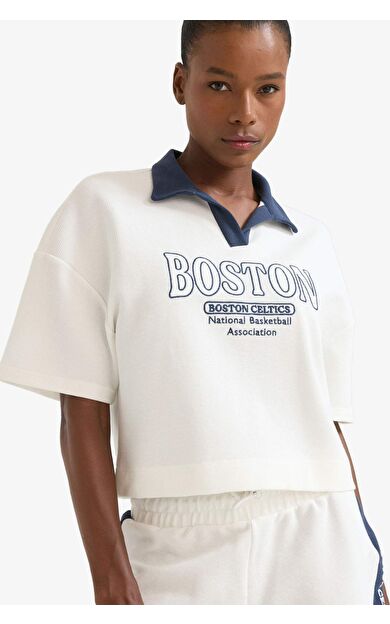 DeFactoFit NBA Boston Celtics Polo Yaka Waffle Kısa Kollu Tişört