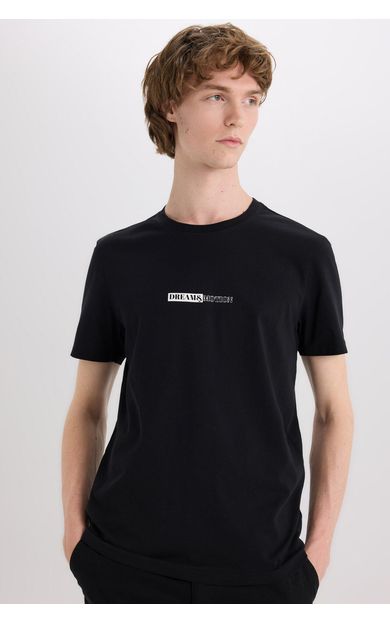 DeFacto %100 Pamuk Slim Fit Dar Kesim Bisiklet Yaka Baskılı Kısa Kollu Tişört E3776AX25SMBK81
