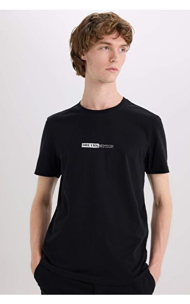 DeFacto %100 Pamuk Slim Fit Dar Kesim Bisiklet Yaka Baskılı Kısa Kollu Tişört E3776AX25SMBK81