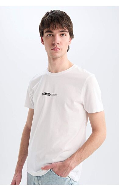 DeFacto %100 Pamuk Slim Fit Dar Kesim Bisiklet Yaka Baskılı Kısa Kollu Tişört E3776AX25SMWT34