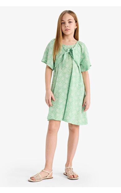 Kız Çocuk Desenli Viskon Kısa Kollu Elbise