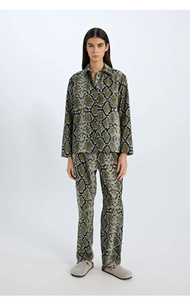 Fall in Love Pijama Takım Yılan  Poplin Derisi Desenli Uzun Kollu Üst Esnek Belli Uzun Alt