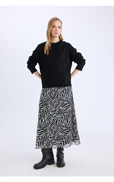 DeFacto Flare Fit Zebra Desenli Yüksek Bel Tül Maxi Etek