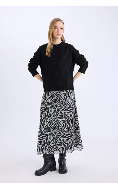 Flare Fit Zebra Desenli Yüksek Bel Tül Maxi Etek