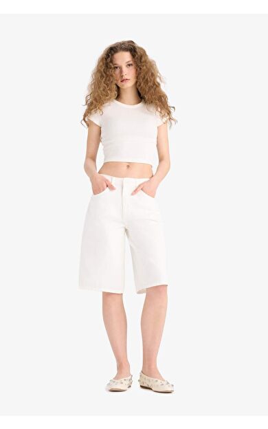 DeFacto Yüksek Bel Beyaz Jean Bermuda Şort