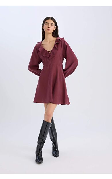 V Yaka Modal Uzun Kollu Mini Elbise