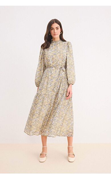 Bisiklet Yaka Desenli Kuşaklı Uzun Kollu Midi Elbise