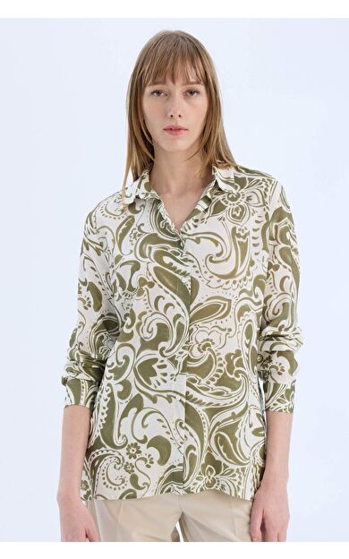 Oversize Geniş Kalıp Gömlek Yaka Baskılı Uzun Kollu Tunik