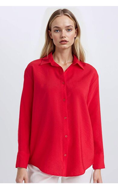 DeFacto Oversize Geniş Kalıp Basic Düz Uzun Kollu Kırmızı Gömlek