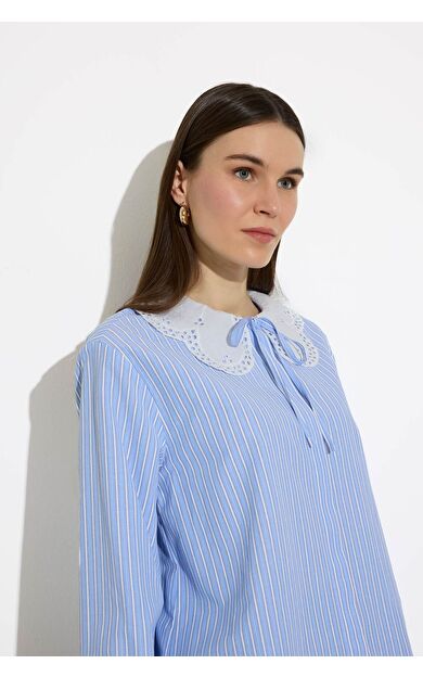 DeFacto Regular Fit Geniş Yakalı Çizgili Poplin Uzun Kollu Tunik