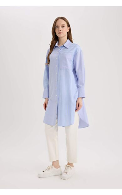 DeFacto Relax Fit Çizgili Poplin Uzun Kollu Gömlek Tunik