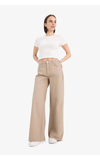 DeFacto Wide Leg Geniş Paça Normal Bel Standart Boy Cepli Gabardin Pantolon