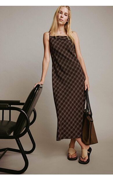Coool Çapraz Yaka Kareli Askılı Midi Elbise