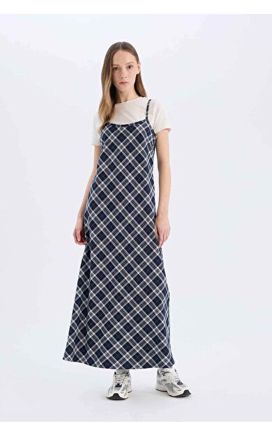 Coool Slip V Yaka Kareli Askılı Midi Elbise